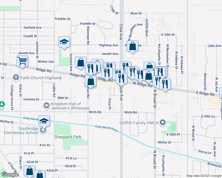 map of restaurants, bars, coffee shops, grocery stores, and more near 8927 Price Circle in Highland