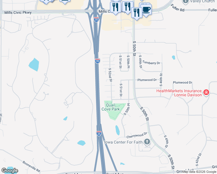map of restaurants, bars, coffee shops, grocery stores, and more near 39 South 52nd Street in West Des Moines