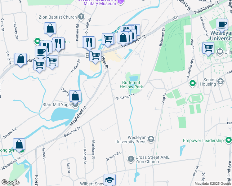 map of restaurants, bars, coffee shops, grocery stores, and more near 187 West Street in Middletown
