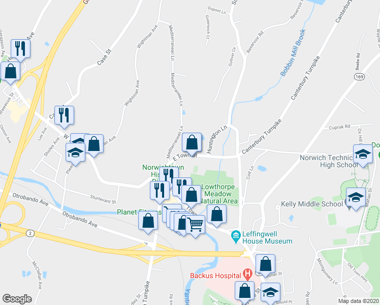 map of restaurants, bars, coffee shops, grocery stores, and more near 43 Town Street in Norwich