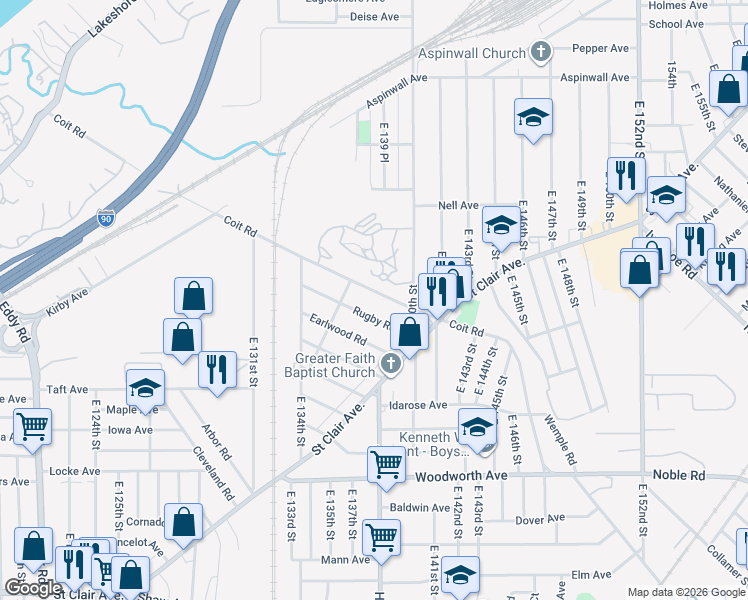 map of restaurants, bars, coffee shops, grocery stores, and more near 13421 Coit Road in Cleveland