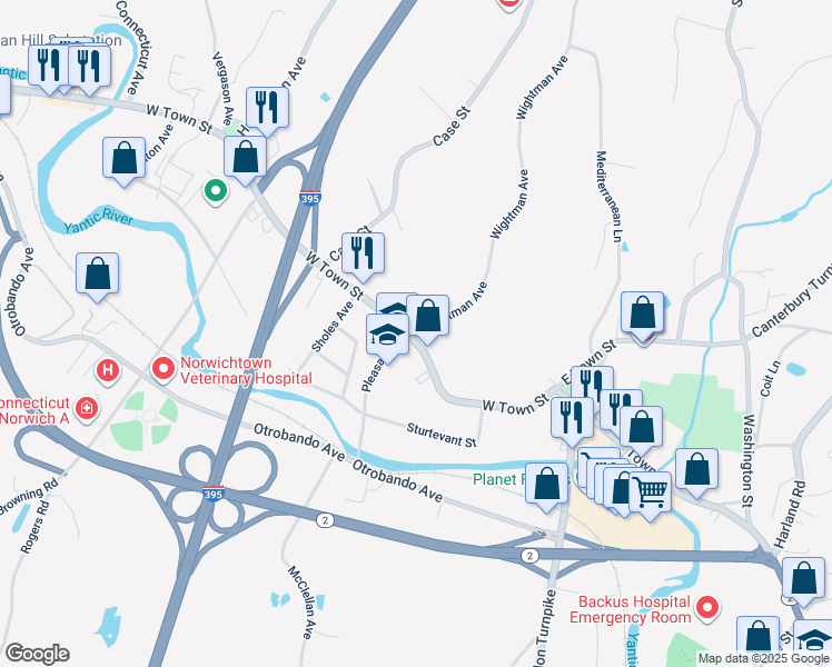 map of restaurants, bars, coffee shops, grocery stores, and more near 16 Wightman Avenue in Norwich