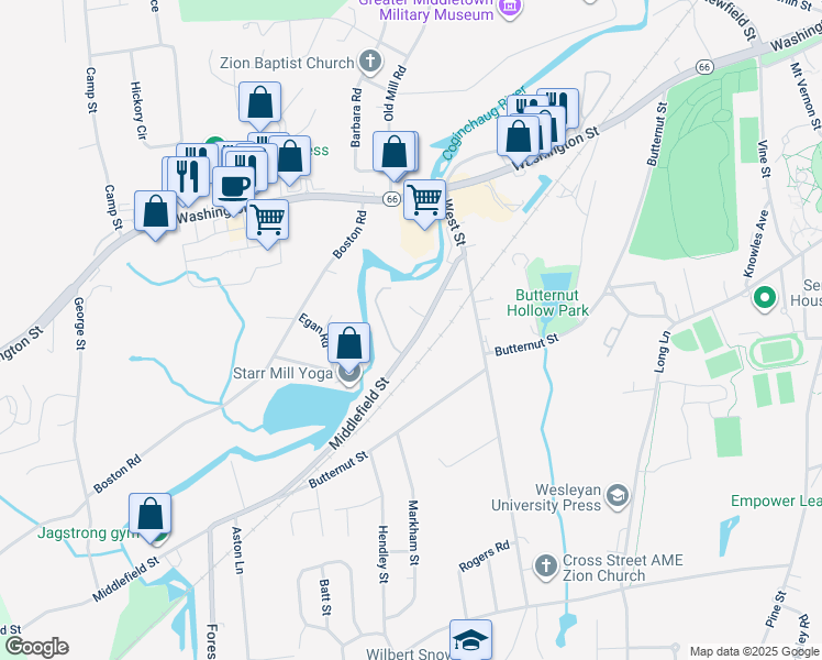 map of restaurants, bars, coffee shops, grocery stores, and more near 64 Middlefield Street in Middletown