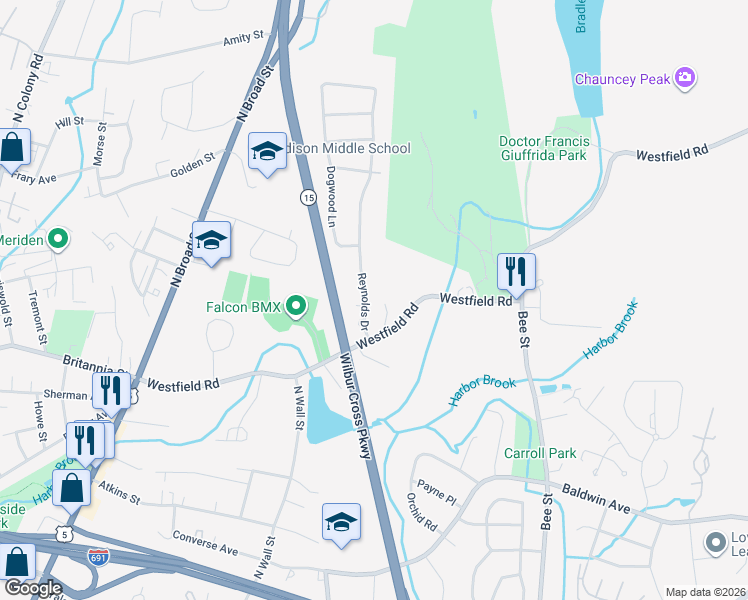 map of restaurants, bars, coffee shops, grocery stores, and more near 59 Reynolds Drive in Meriden