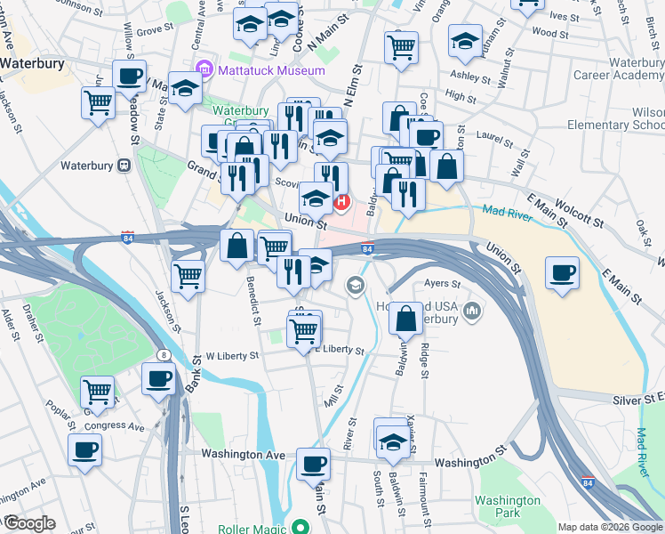 map of restaurants, bars, coffee shops, grocery stores, and more near 100 Union Street in Waterbury