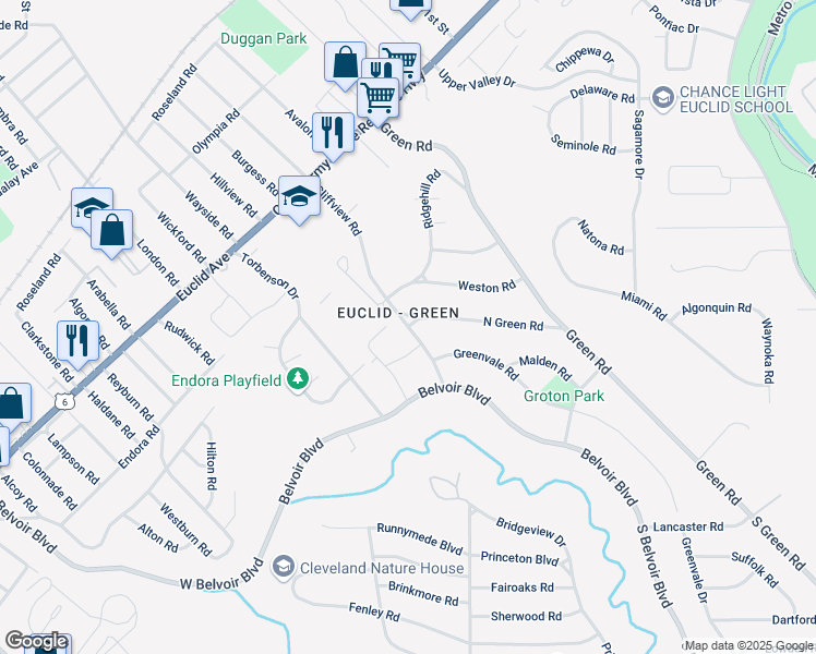 map of restaurants, bars, coffee shops, grocery stores, and more near 1921 North Green Road in Cleveland