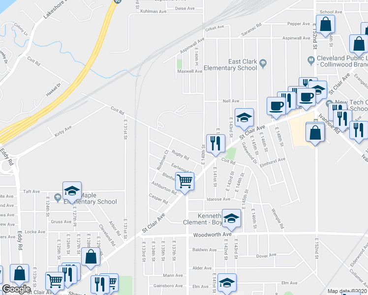 map of restaurants, bars, coffee shops, grocery stores, and more near 13421 Coit Road in Cleveland