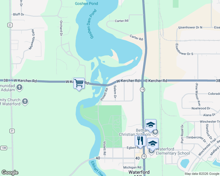 map of restaurants, bars, coffee shops, grocery stores, and more near 305 W Kercher Rd in Goshen