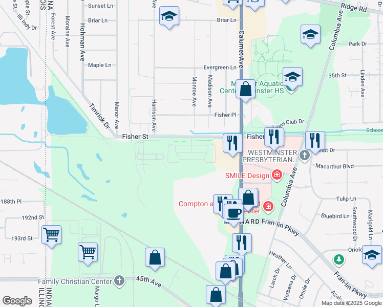 map of restaurants, bars, coffee shops, grocery stores, and more near 621 Cambridge Court in Munster