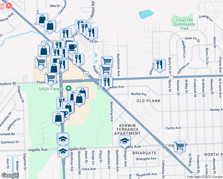 map of restaurants, bars, coffee shops, grocery stores, and more near 1469 Theodore Street in Crest Hill