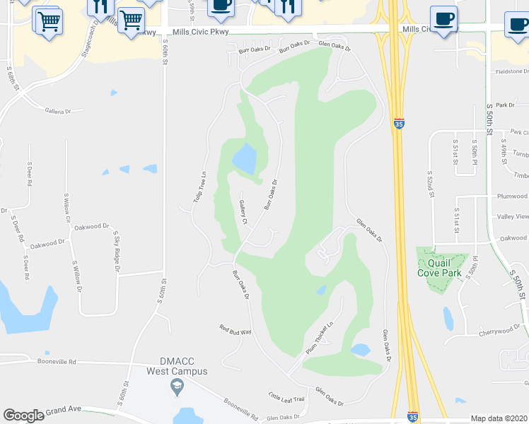map of restaurants, bars, coffee shops, grocery stores, and more near 1344-1352 Burr Oaks Dr in West Des Moines