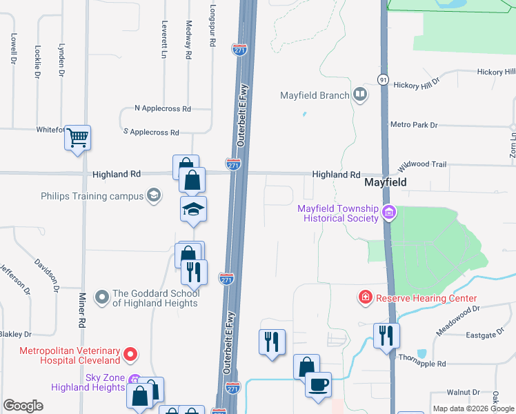 map of restaurants, bars, coffee shops, grocery stores, and more near 6434 Highland Road in Mayfield