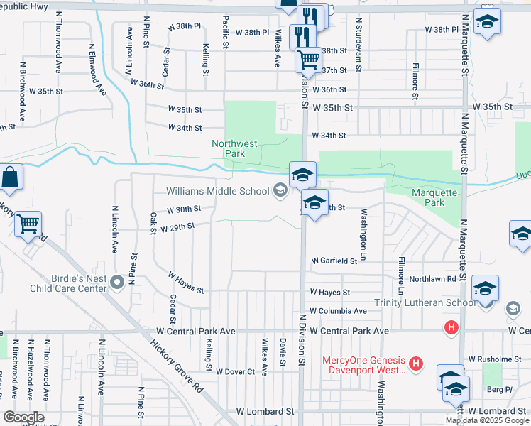 map of restaurants, bars, coffee shops, grocery stores, and more near 3040 North Division Street in Davenport