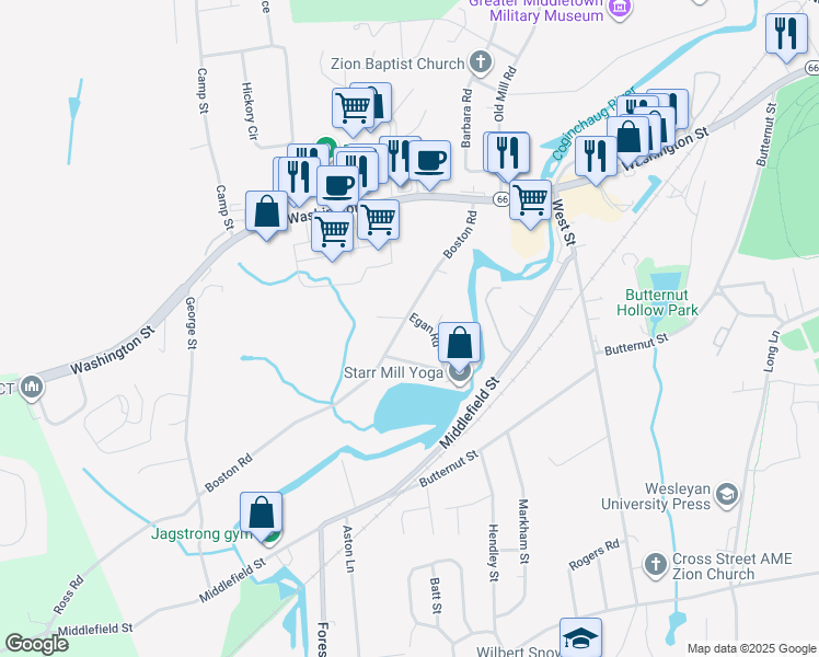 map of restaurants, bars, coffee shops, grocery stores, and more near 131 Boston Road in Middletown