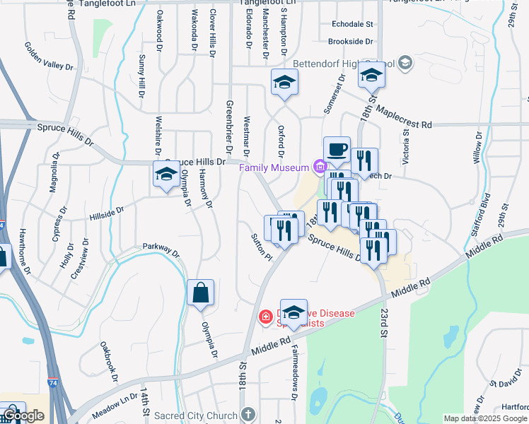 map of restaurants, bars, coffee shops, grocery stores, and more near 1917 Spruce Hills Drive in Bettendorf