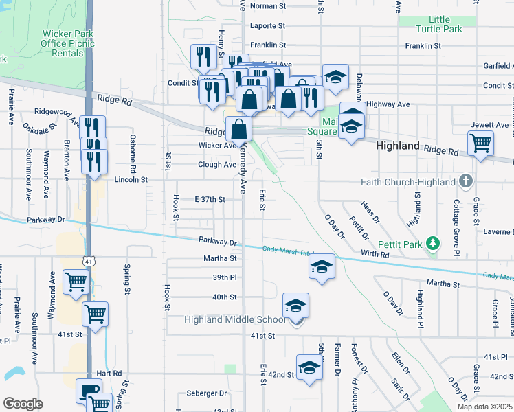 map of restaurants, bars, coffee shops, grocery stores, and more near 8936 Erie Street in Highland