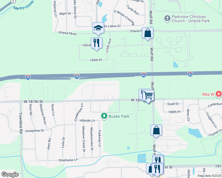 map of restaurants, bars, coffee shops, grocery stores, and more near 11314 Hummingbird Lane in Mokena