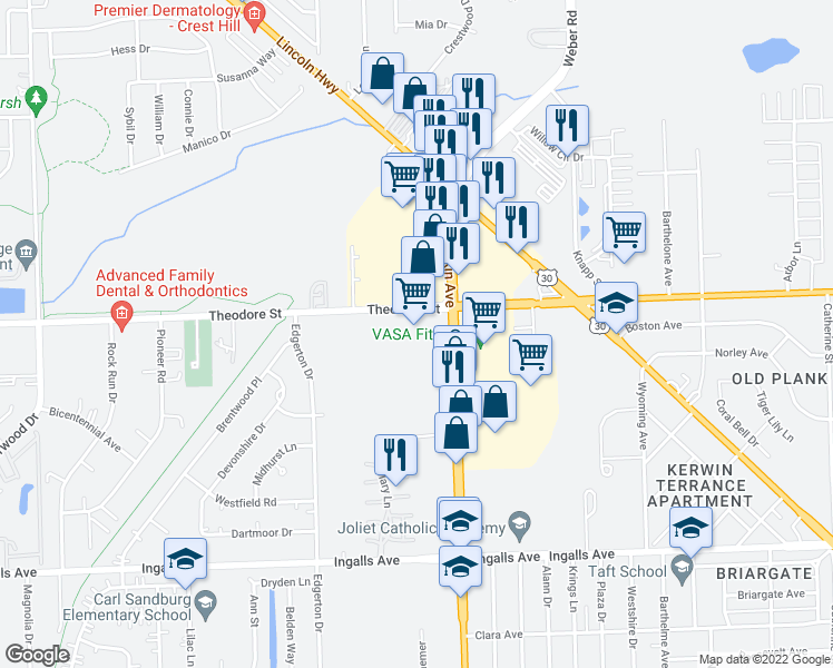 map of restaurants, bars, coffee shops, grocery stores, and more near 1800 Theodore Street in Crest Hill