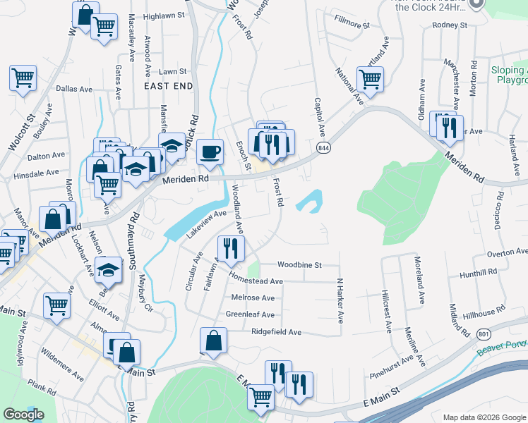 map of restaurants, bars, coffee shops, grocery stores, and more near 381 Circular Avenue in Waterbury