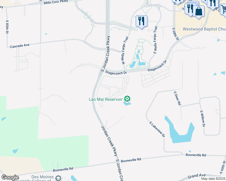 map of restaurants, bars, coffee shops, grocery stores, and more near Stagecoach Drive in West Des Moines