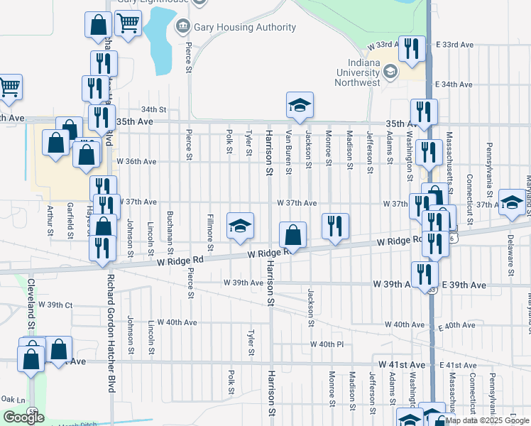 map of restaurants, bars, coffee shops, grocery stores, and more near 800 West 37th Avenue in Gary