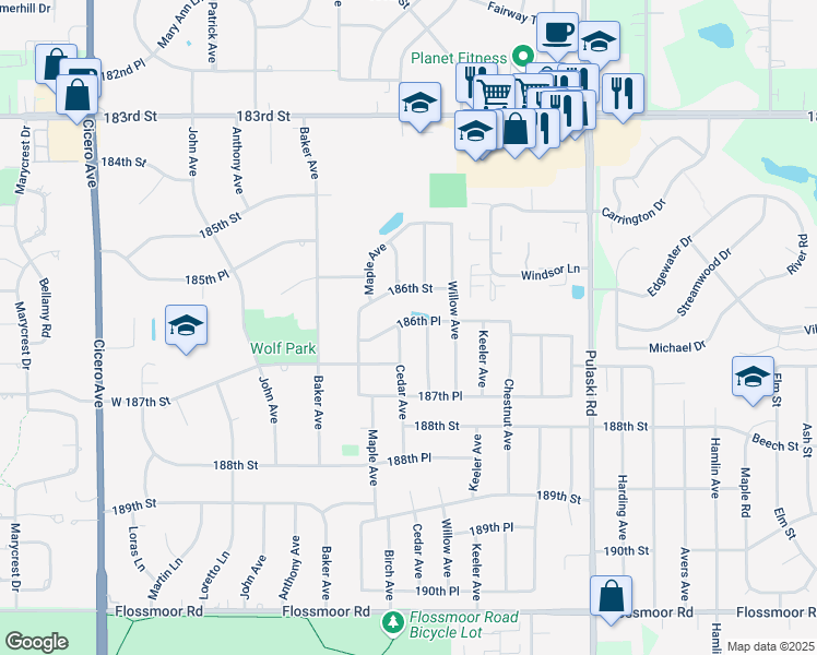 map of restaurants, bars, coffee shops, grocery stores, and more near 4236 186th Place in Country Club Hills