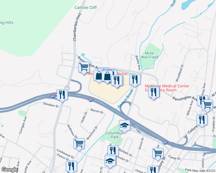 map of restaurants, bars, coffee shops, grocery stores, and more near 470 Lewis Avenue in Meriden