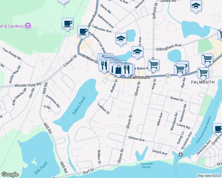map of restaurants, bars, coffee shops, grocery stores, and more near 25 Glenwood Avenue in Falmouth