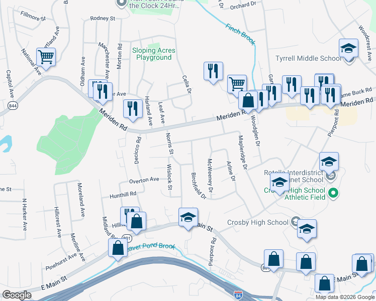 map of restaurants, bars, coffee shops, grocery stores, and more near 329 Mapleridge Drive in Waterbury