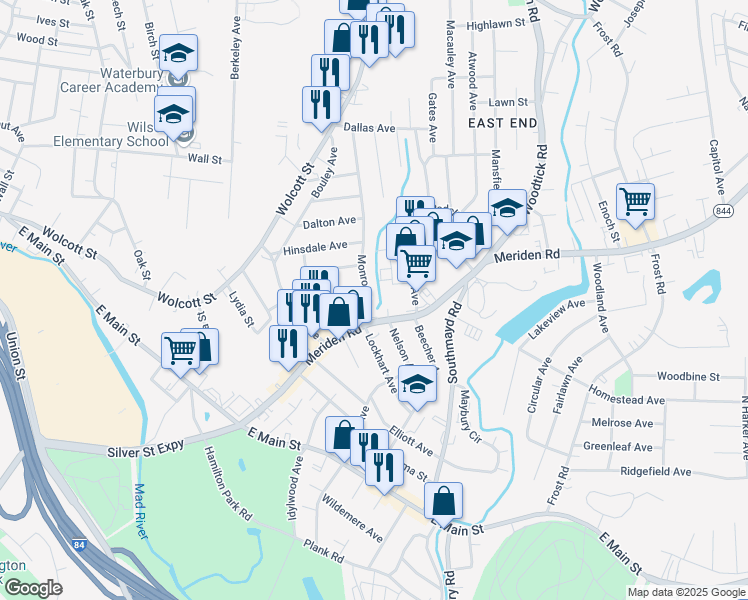 map of restaurants, bars, coffee shops, grocery stores, and more near 63 Monroe Avenue in Waterbury
