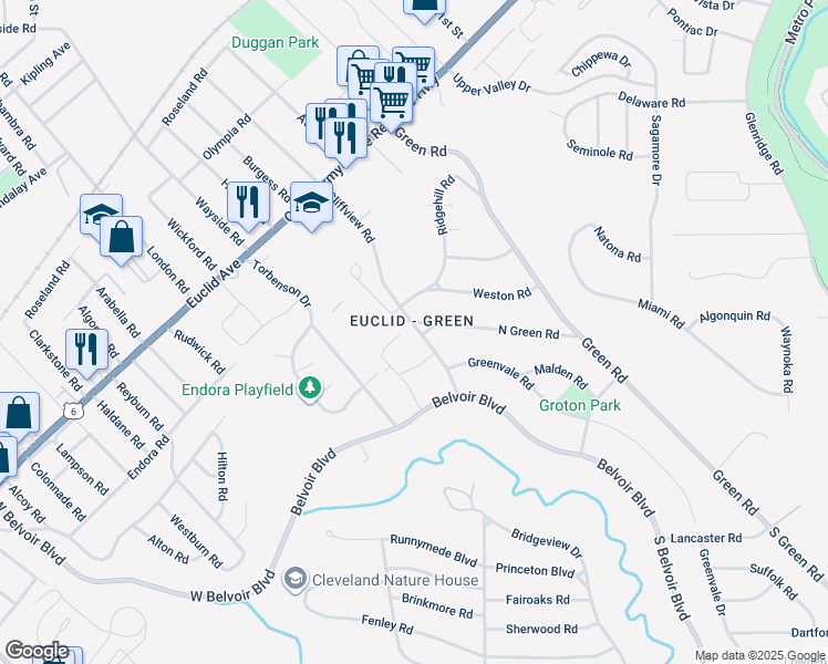map of restaurants, bars, coffee shops, grocery stores, and more near 1921 North Green Road in Cleveland
