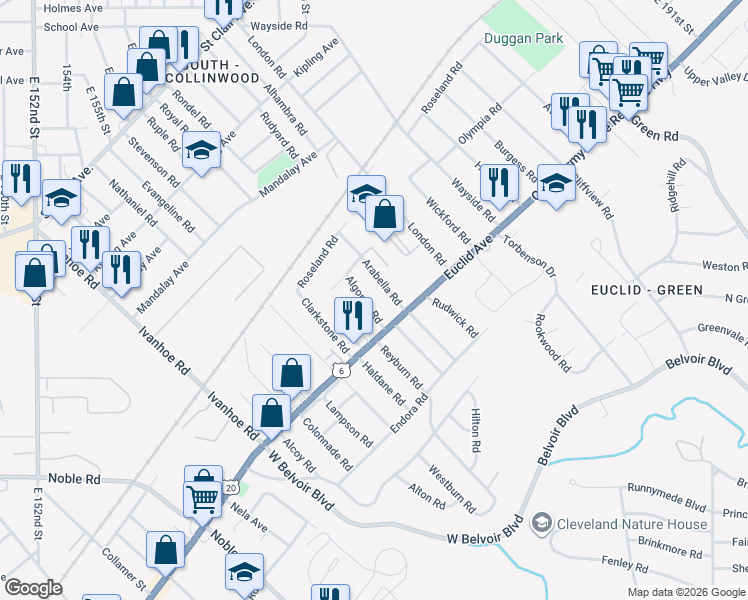 map of restaurants, bars, coffee shops, grocery stores, and more near 1754 Arabella Road in Cleveland