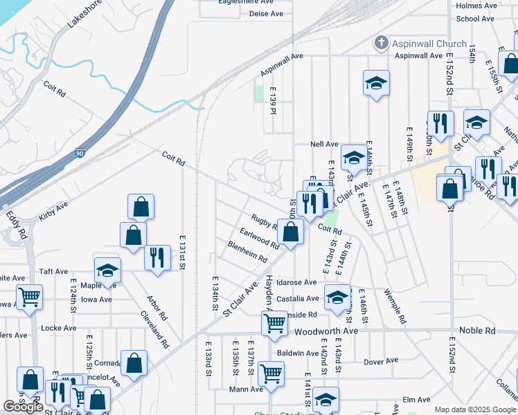 map of restaurants, bars, coffee shops, grocery stores, and more near 13612 Coit Road in Cleveland