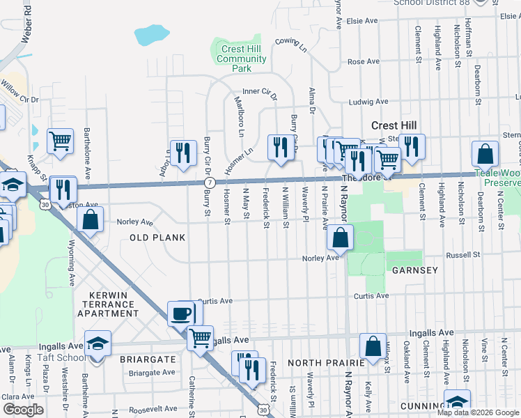map of restaurants, bars, coffee shops, grocery stores, and more near 1517 Frederick Street in Joliet