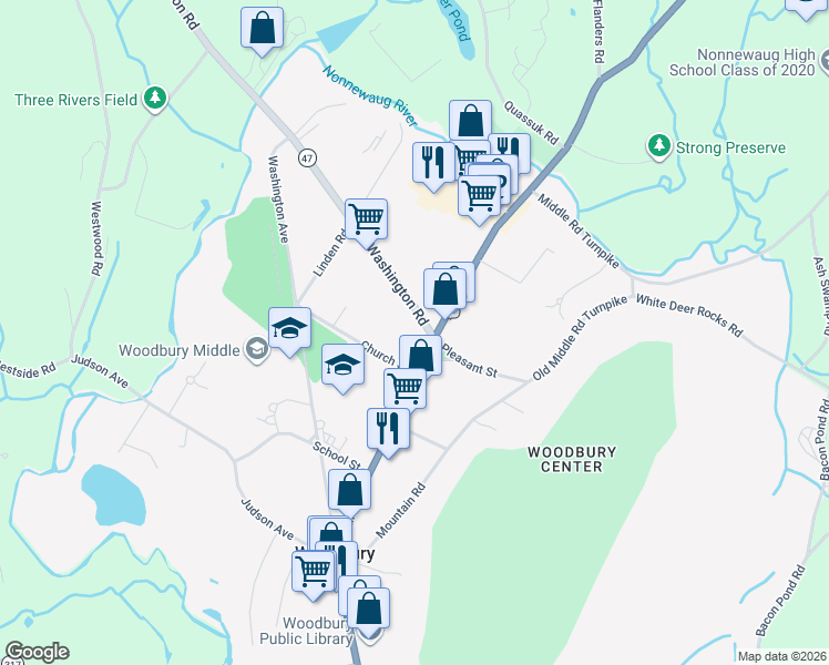 map of restaurants, bars, coffee shops, grocery stores, and more near 13 Washington Road in Woodbury