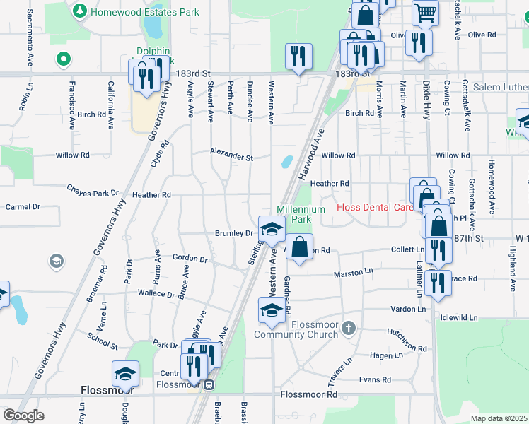 map of restaurants, bars, coffee shops, grocery stores, and more near 2404 Heather Road in Flossmoor