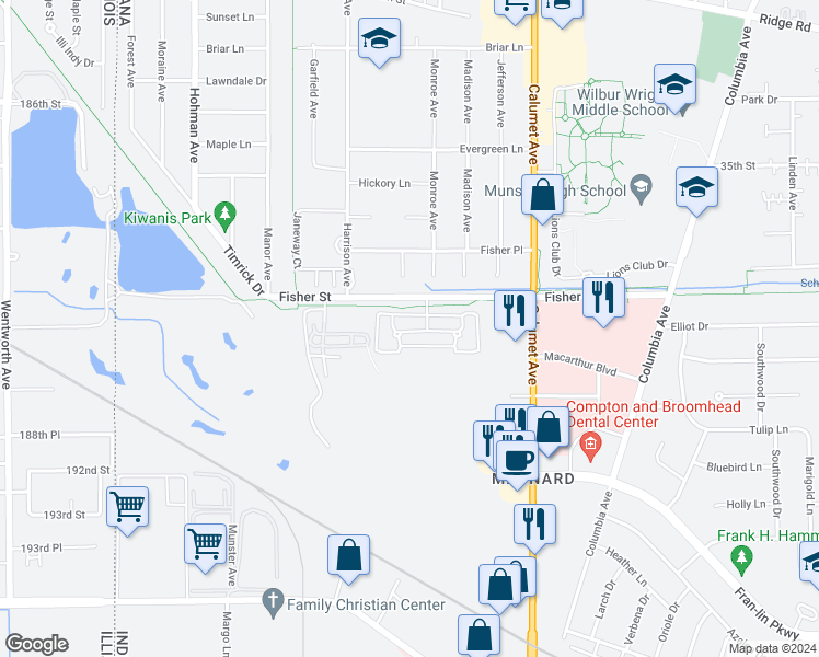 map of restaurants, bars, coffee shops, grocery stores, and more near 545 Cambridge Court in Munster