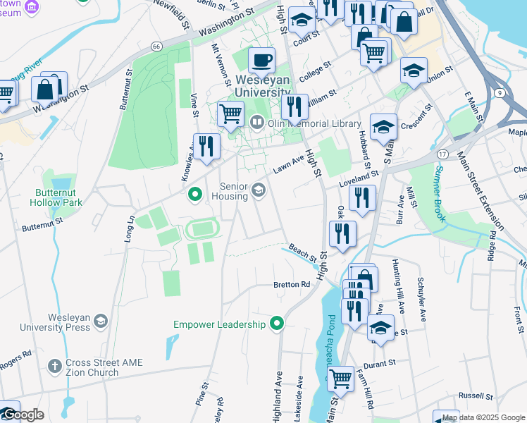map of restaurants, bars, coffee shops, grocery stores, and more near 44 Brainerd Avenue in Middletown