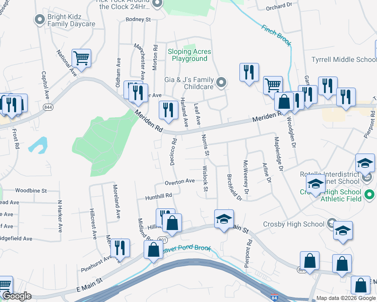 map of restaurants, bars, coffee shops, grocery stores, and more near 1038 Meriden Road in Waterbury