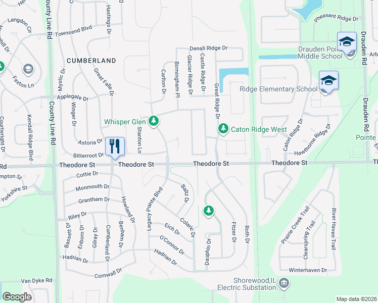 map of restaurants, bars, coffee shops, grocery stores, and more near 1610 Cascade Ridge Drive in Plainfield