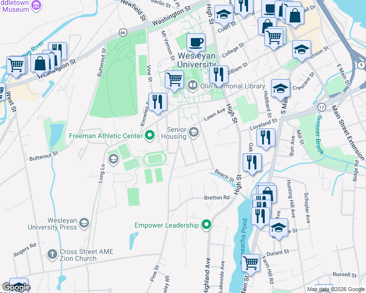map of restaurants, bars, coffee shops, grocery stores, and more near 50 Pine Street in Middletown