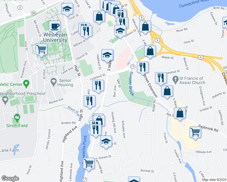 map of restaurants, bars, coffee shops, grocery stores, and more near 31 Burr Avenue in Middletown