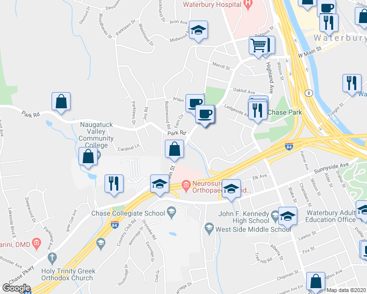 map of restaurants, bars, coffee shops, grocery stores, and more near 1315 West Main Street in Waterbury