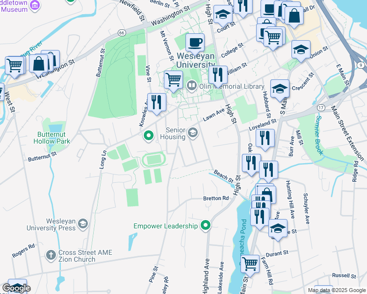 map of restaurants, bars, coffee shops, grocery stores, and more near 50 Pine Street in Middletown