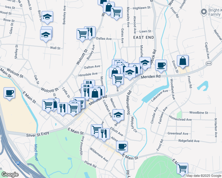 map of restaurants, bars, coffee shops, grocery stores, and more near 20 Newman Avenue in Waterbury