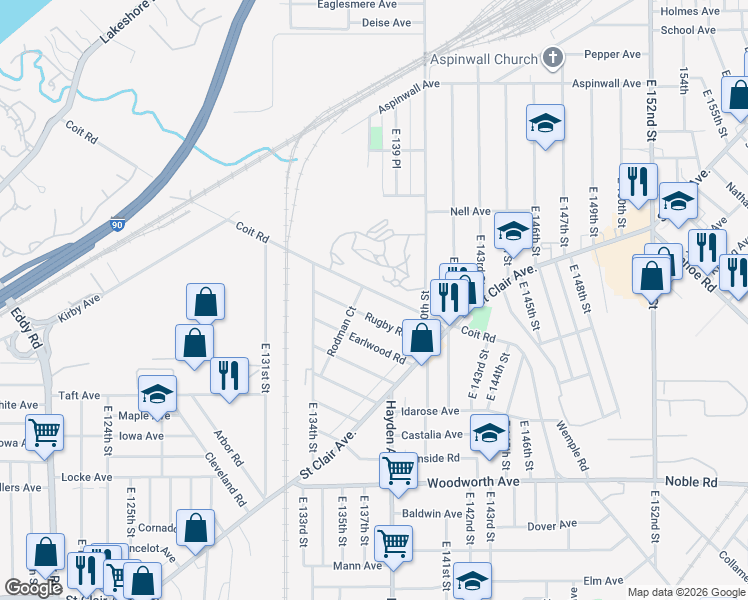 map of restaurants, bars, coffee shops, grocery stores, and more near 13612 Coit Road in Cleveland