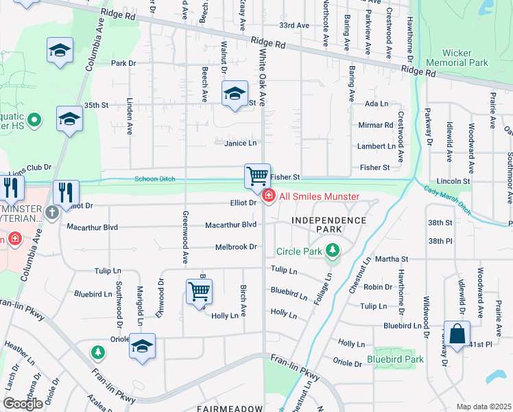 map of restaurants, bars, coffee shops, grocery stores, and more near 8924 White Oak Avenue in Munster