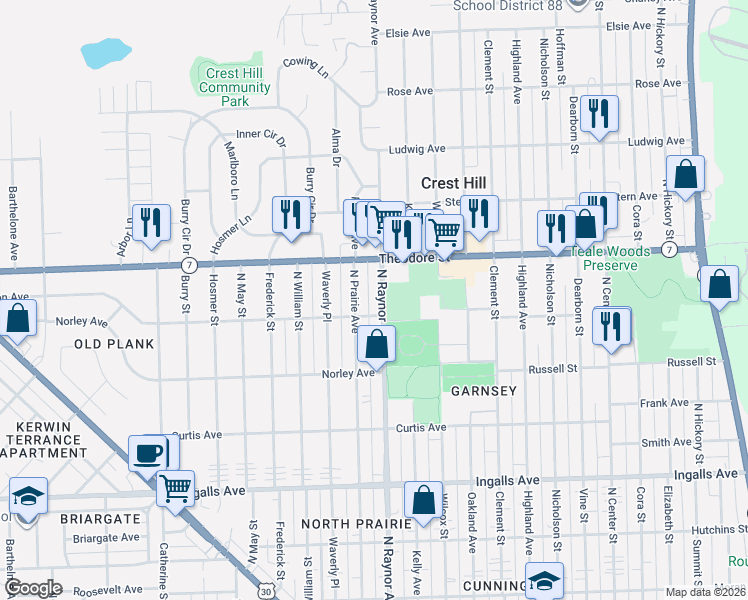 map of restaurants, bars, coffee shops, grocery stores, and more near 1516 North Prairie Avenue in Joliet
