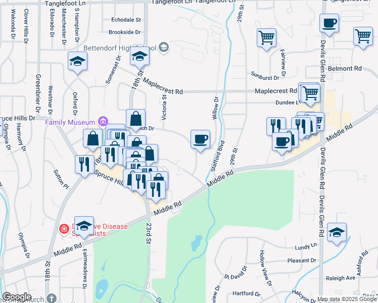 map of restaurants, bars, coffee shops, grocery stores, and more near 2655 Tech Drive in Bettendorf