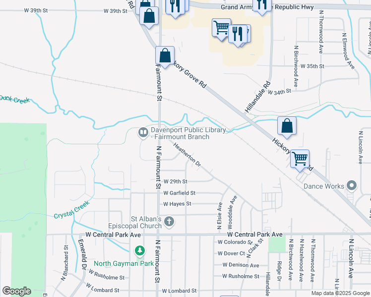 map of restaurants, bars, coffee shops, grocery stores, and more near 3528 Heatherton Drive in Davenport